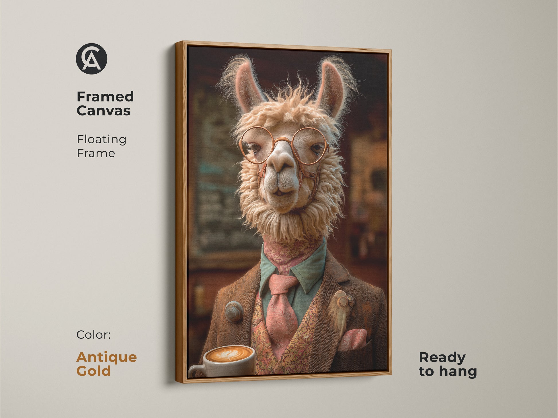 Framed Canvas with an Antique Gold floating frame of a Tan Llama. This stylish office wall art is ready to hang. Perfect for coffee shop decor. A unique birthday gift idea for quirky animal lovers.