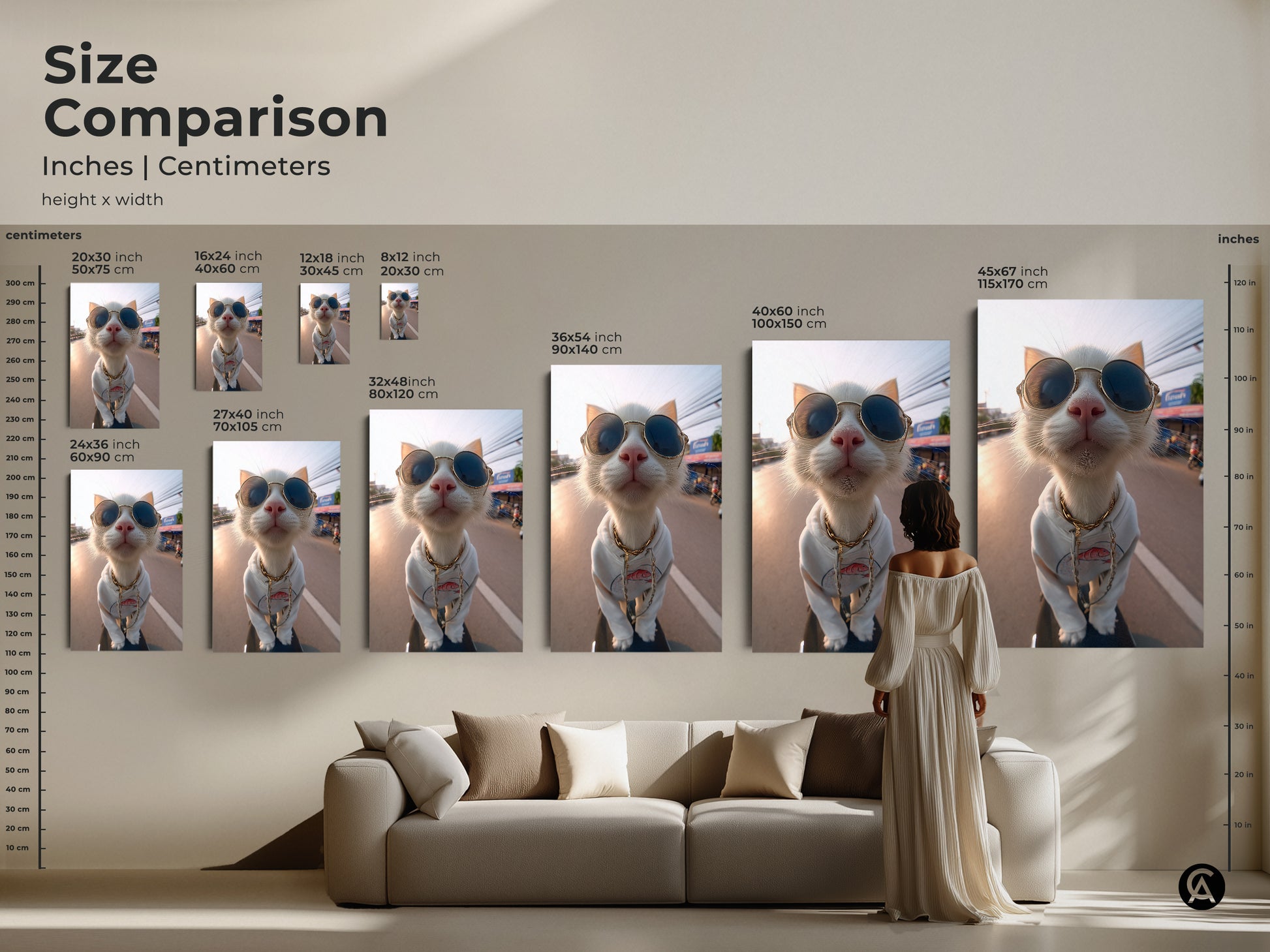 Compare sizes of this artwork featuring a cool cat with sunglasses. See how different dimensions look in a living space. Visualize the impact of canvas and poster prints. Find the perfect fit to enhance your home decor. Elevate your space with unique cat art.