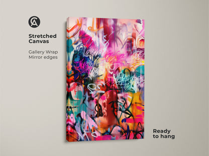 Stretched Canvas Graffiti Art. This vibrant art features a gallery wrap with mirrored edges. The piece is ready to hang. The colorful abstract design includes pink blue and orange hues. Add a modern touch to your home decor with this unique artwork.