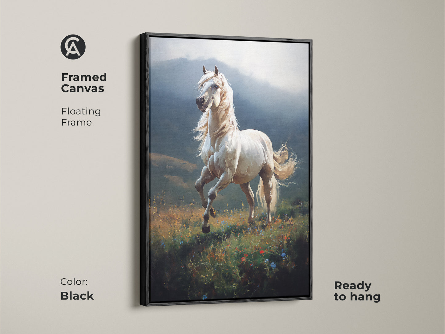 Framed canvas featuring a white horse in a meadow landscape. The floating frame complements this equestrian artwork. Ready to hang this nature inspired wall decor. This piece is a thoughtful birthday gift for any equestrian with its black frame.
