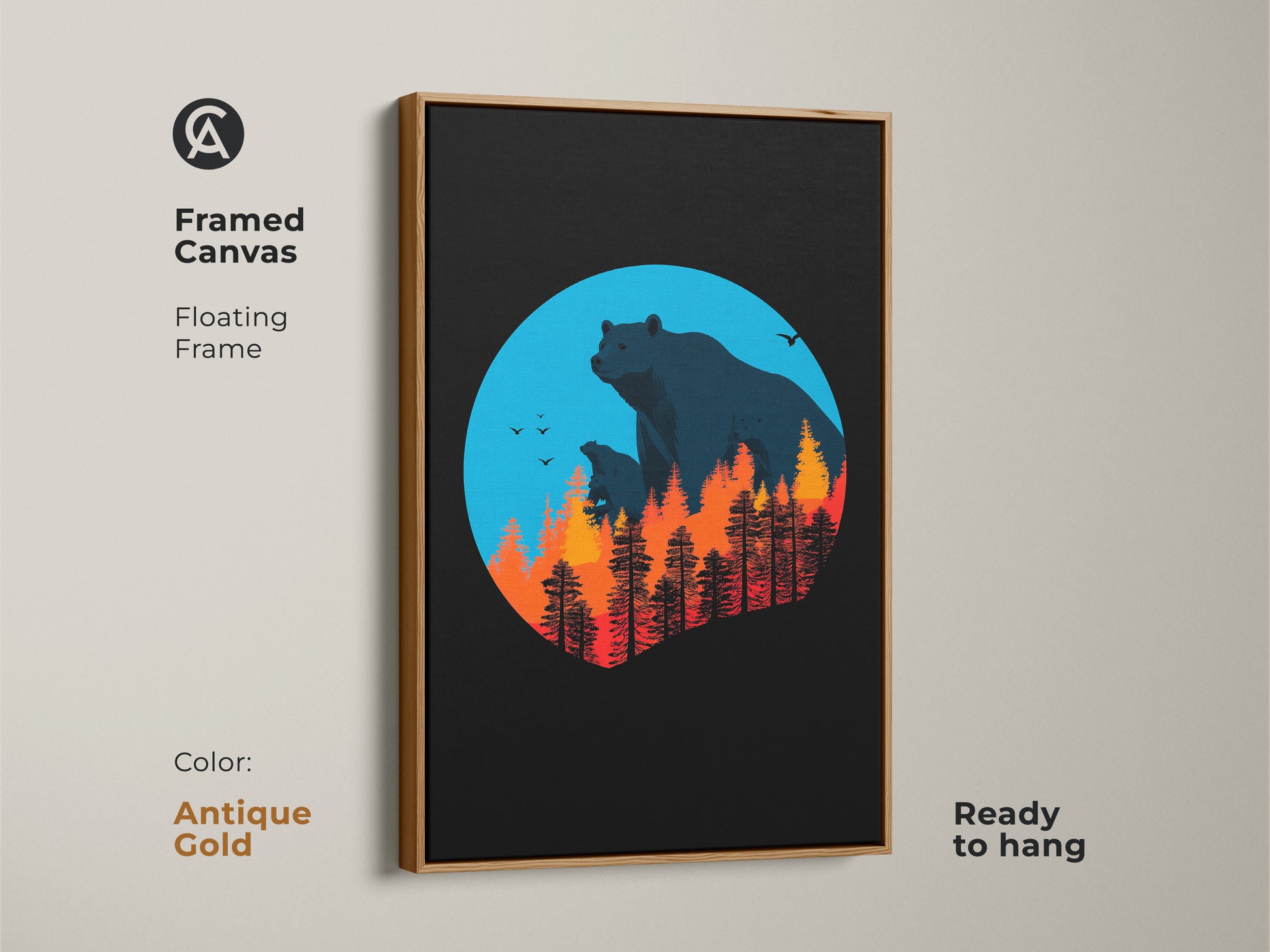 This framed canvas features bears in a forest fire scene in a blue and orange pallet. The antique gold floating frame enhances the modern artwork. The nature-inspired wall decor will liven up your space.