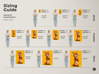 Sizing guide for whimsical fox canvas art. Vertical orientation height x width options are available. Find small medium and large sizes for canvas and poster prints. This cute animal character print is perfect for any space.