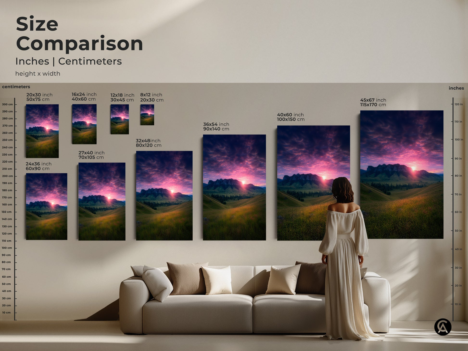 Size comparison of mountain sunset art prints is shown. The inches and centimeters are displayed. Various sizes fit above a sofa. Find the perfect scale for your space. This artwork offers scenic mountain beauty. The pink and gold sky art print suits any decor style.