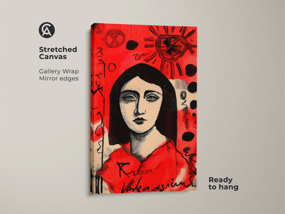 Stretched canvas artwork showcasing a woman's portrait. Red background with intriguing symbols. Gallery-wrapped with mirrored edges this piece is ready to hang. Add a touch of sophistication to your home decor.