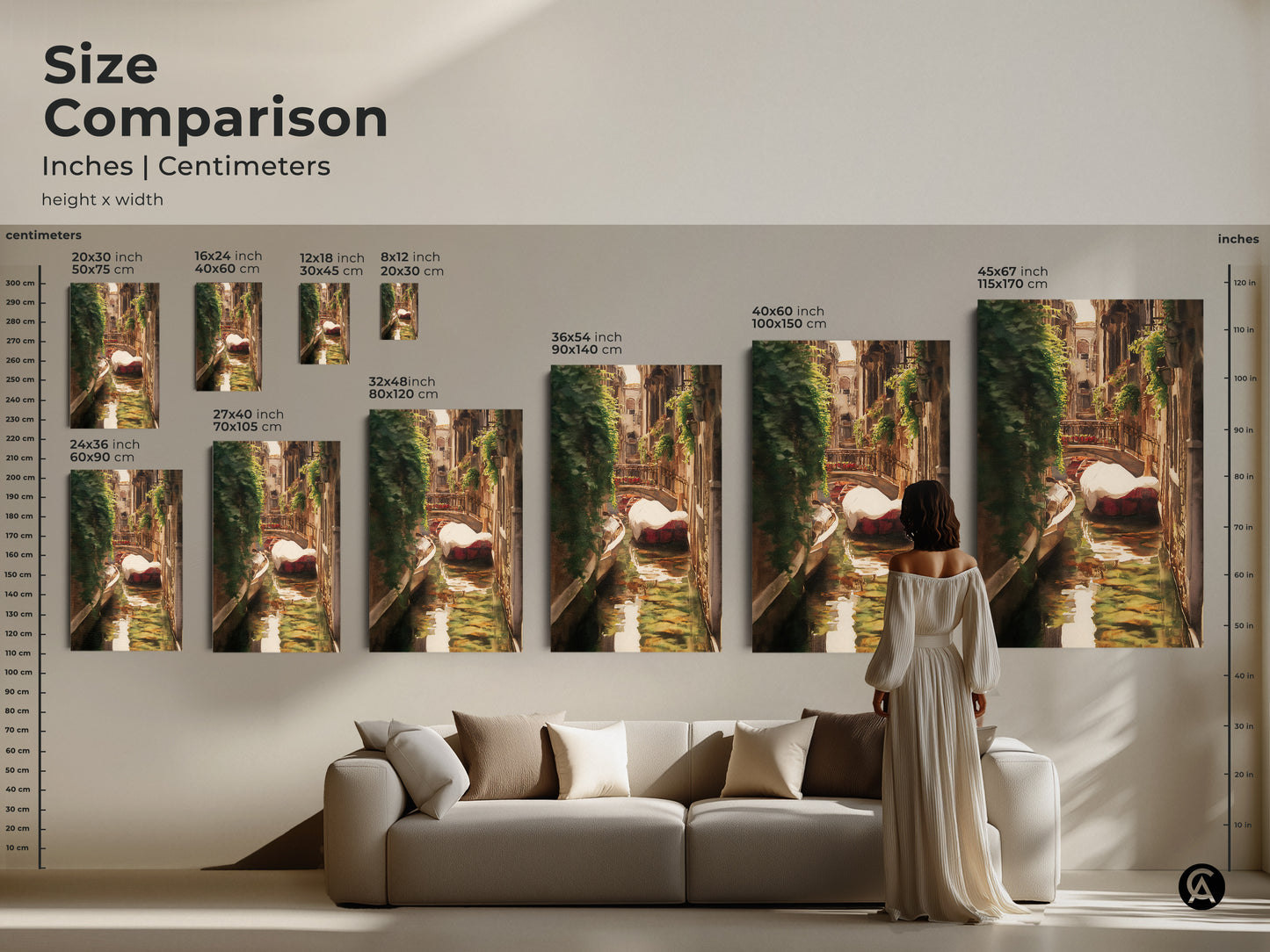 Size comparison for the Italian Canal Art Print in inches and centimeters. See how the artwork fits above a sofa. Choose from various sizes to complement your living room decor.