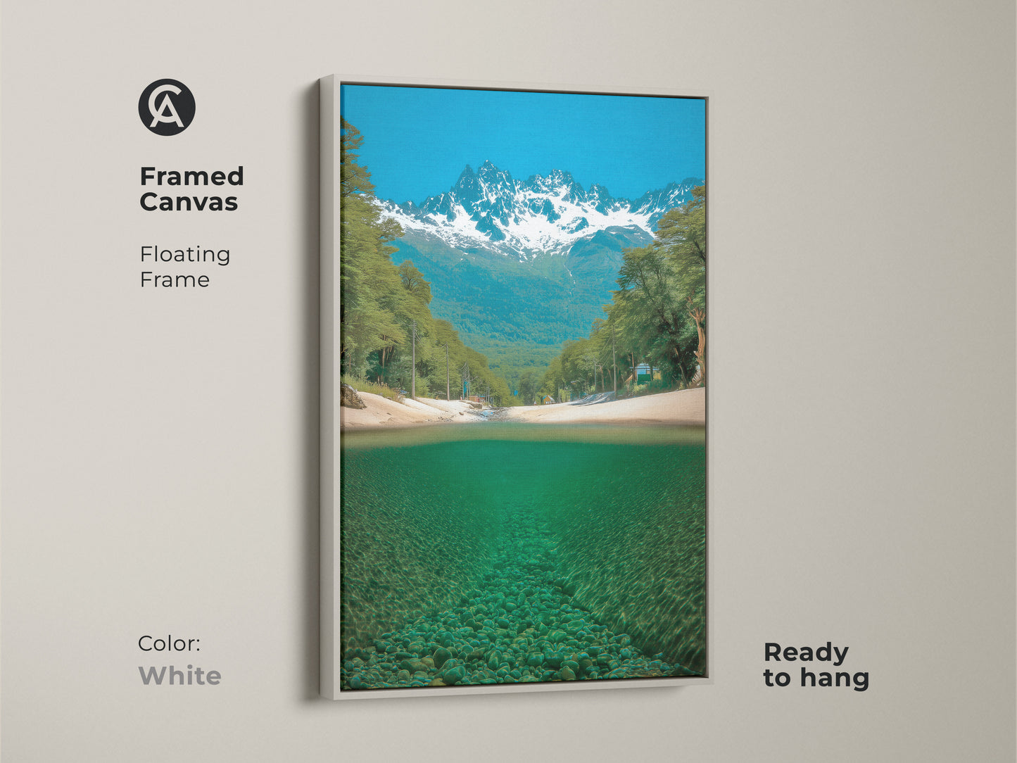 Brighten your space with this framed canvas art featuring a mountain river scene. The floating frame and white color add a clean modern look. The snowy peaks and teal water create a captivating landscape. Ready to hang this framed artwork is perfect for any contemporary home