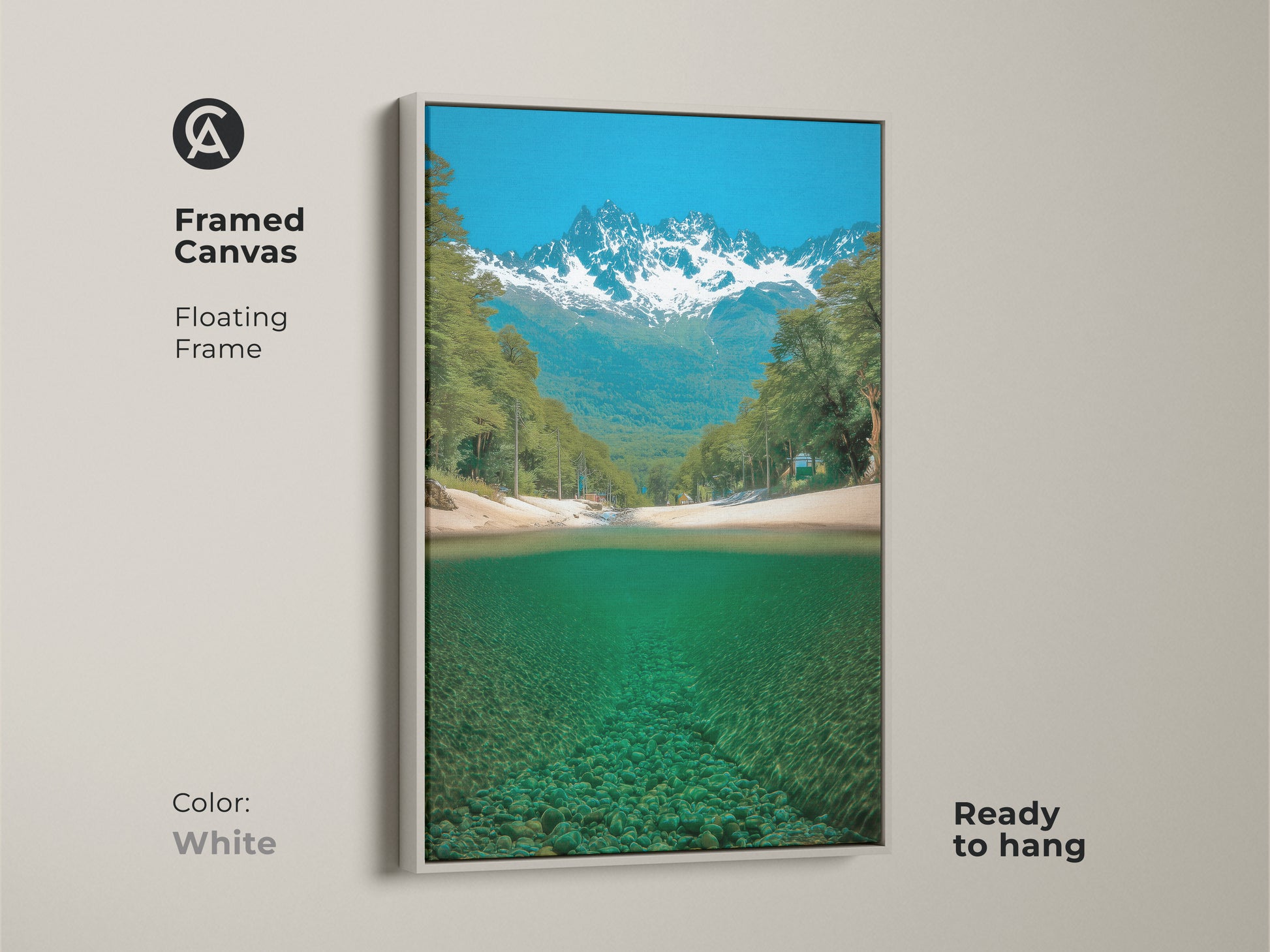 Brighten your space with this framed canvas art featuring a mountain river scene. The floating frame and white color add a clean modern look. The snowy peaks and teal water create a captivating landscape. Ready to hang this framed artwork is perfect for any contemporary home