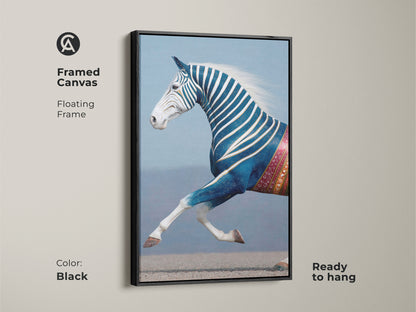 Framed Canvas in Black featuring a Patterned Horse Print. This surreal animal wall art adds an eclectic touch to your bedroom. Ready to hang this fantasy horse artwork is a unique home decor choice. The indigo zebra horse print is perfect for animal lovers.