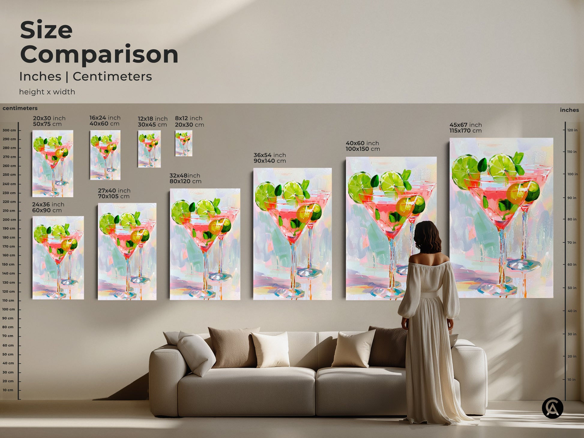 Size comparison of cocktail art prints in inches and centimeters. See how the artwork scales next to furniture. A woman stands near a sofa for reference. Find the perfect size for your living room or bar area.