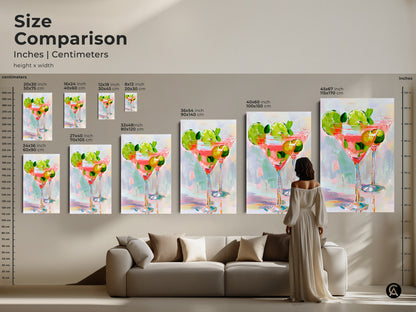 Size comparison of cocktail art prints in inches and centimeters. See how the artwork scales next to furniture. A woman stands near a sofa for reference. Find the perfect size for your living room or bar area.