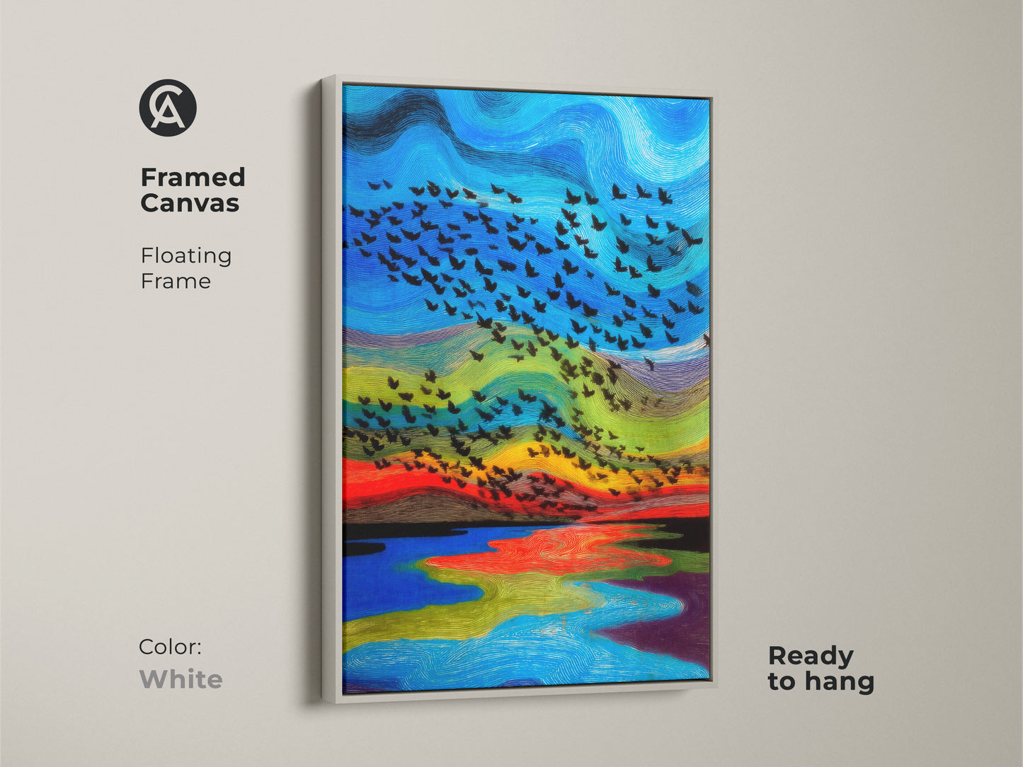 Framed abstract bird canvas art with floating frame in white. This ready to hang blue red green nature landscape artwork is an eclectic animal painting. A great housewarming gift to improve bedroom decor.