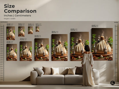 Size comparison of kitchen art prints showcasing miniature chefs making a giant dumpling. See how different sizes fit above a sofa. Choose the ideal scale for your unique canvas or poster art piece.