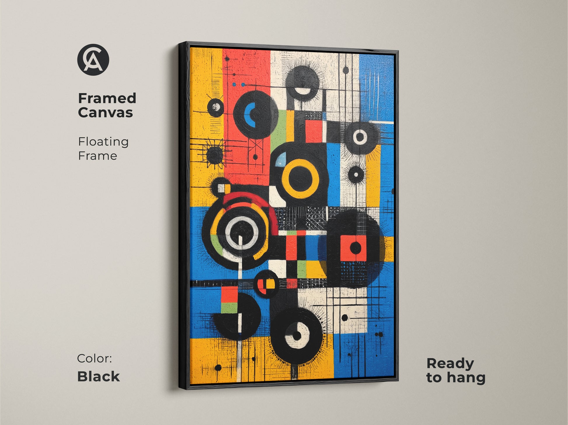 Framed canvas art featuring a Mid-Century Modern abstract artwork. The black floating frame enhances the geometric design with circles and squares in yellow blue and red. This ready-to-hang piece adds sophistication to any wall decor.