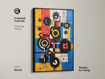 Framed canvas art featuring a Mid-Century Modern abstract artwork. The black floating frame enhances the geometric design with circles and squares in yellow blue and red. This ready-to-hang piece adds sophistication to any wall decor.