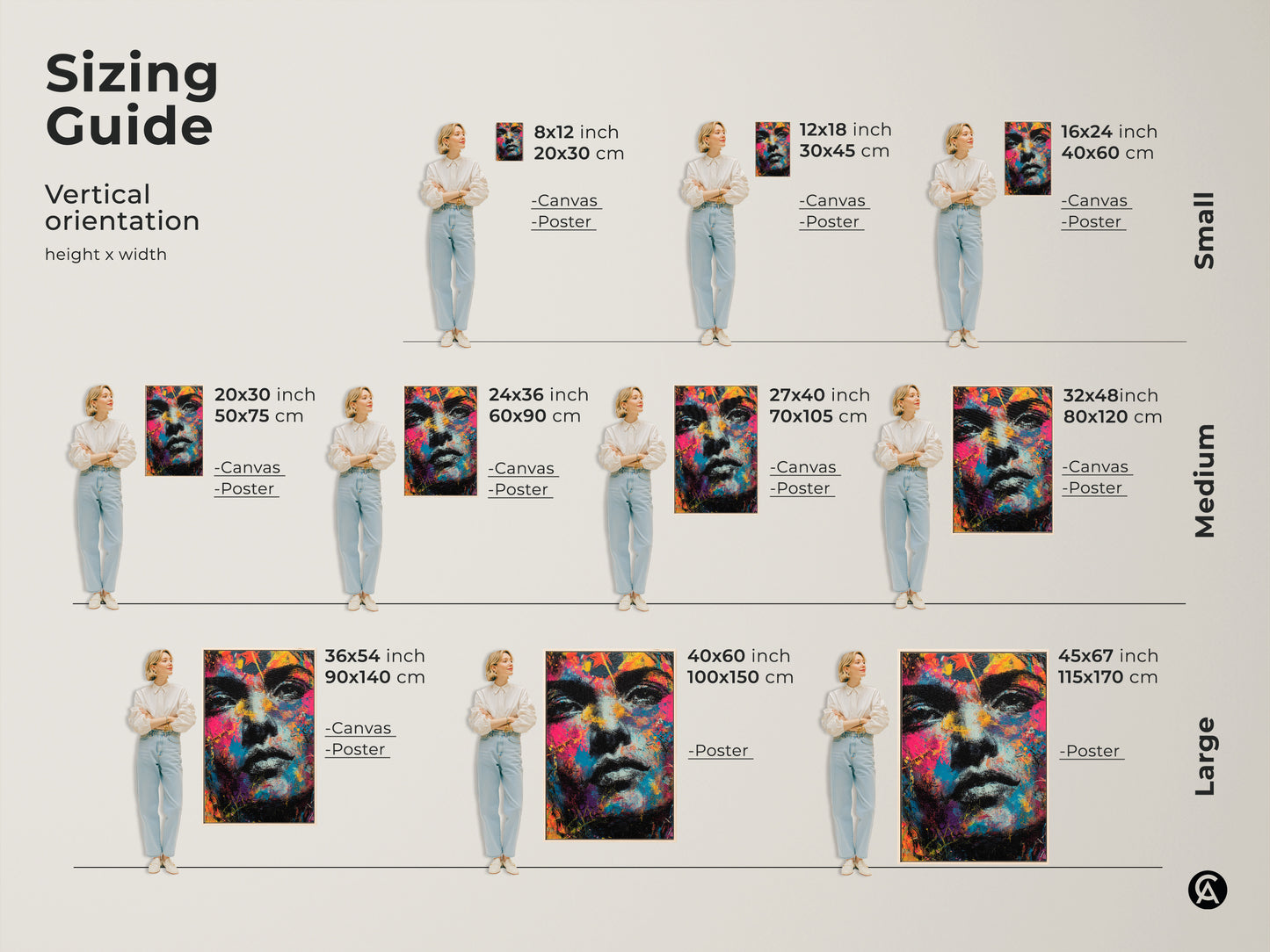 Sizing guide for vertical artwork. See how different sizes fit in a room. Options include canvas and poster prints. Choose the perfect size for your colorful face portrait art. Small medium and large sizes available.