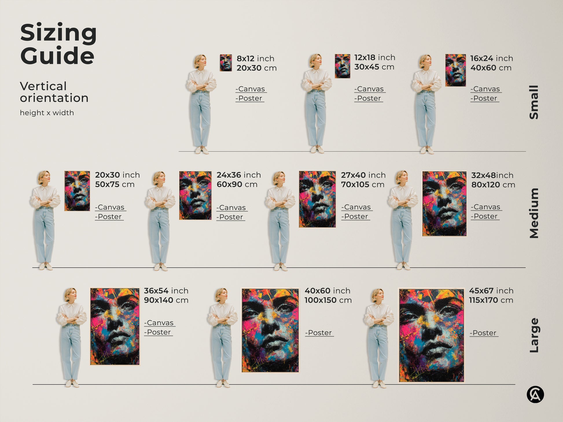 Sizing guide for vertical artwork. See how different sizes fit in a room. Options include canvas and poster prints. Choose the perfect size for your colorful face portrait art. Small medium and large sizes available.