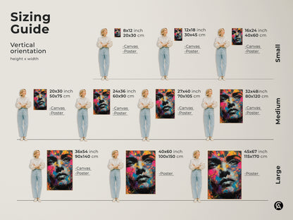 Sizing guide for vertical artwork. See how different sizes fit in a room. Options include canvas and poster prints. Choose the perfect size for your colorful face portrait art. Small medium and large sizes available.