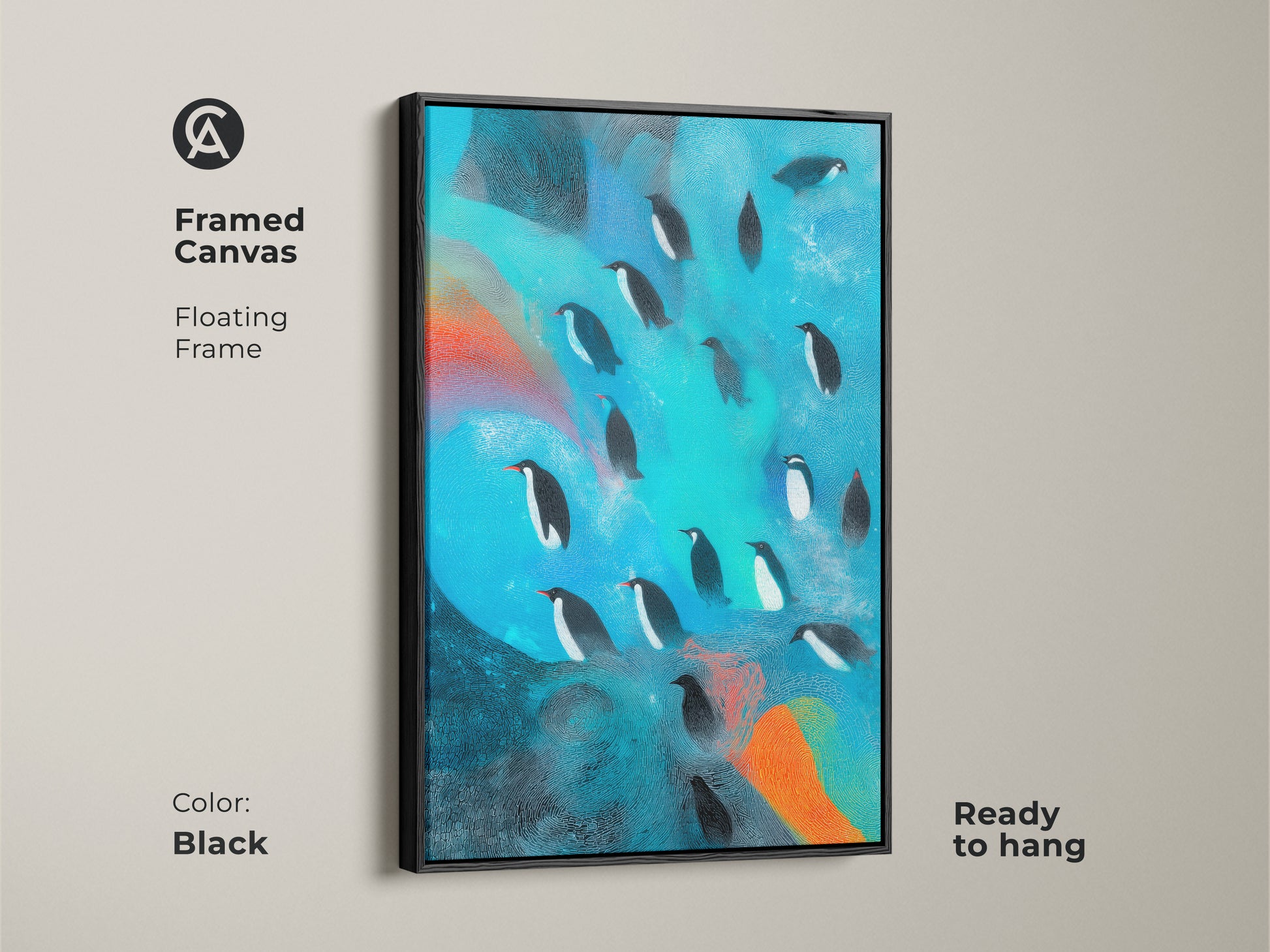 Framed canvas featuring abstract penguin artwork. The floating frame is black. The contemporary teal and orange artwork enhances any room. This animal themed piece is ready to hang. Ideal for eclectic decor.