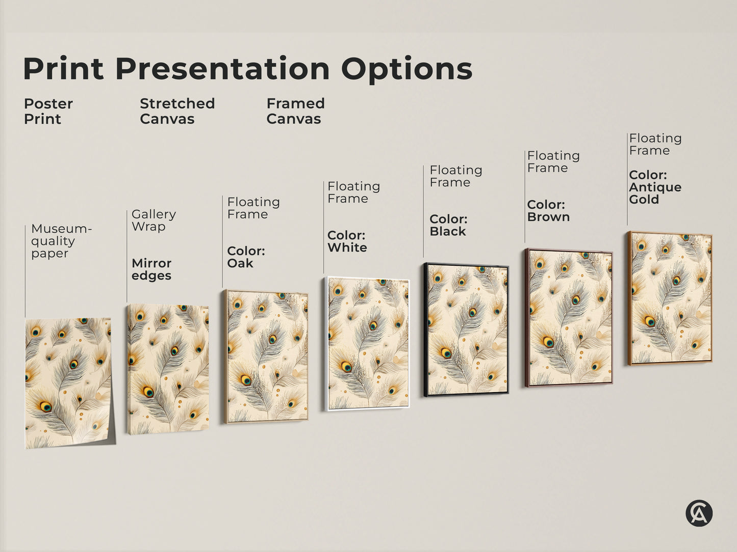 Print presentation options featuring peacock feather artwork. Choose from poster prints stretched canvas and framed canvas. Select colors like white black brown and antique gold. The cream teal and gold artwork suits any decor style.