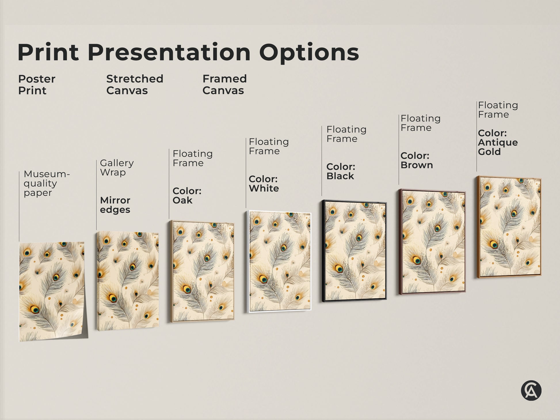Print presentation options featuring peacock feather artwork. Choose from poster prints stretched canvas and framed canvas. Select colors like white black brown and antique gold. The cream teal and gold artwork suits any decor style.