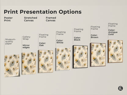 Print presentation options featuring peacock feather artwork. Choose from poster prints stretched canvas and framed canvas. Select colors like white black brown and antique gold. The cream teal and gold artwork suits any decor style.
