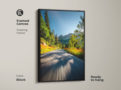 Black framed canvas art of a mountain road. The floating frame enhances the scenic view. This ready-to-hang artwork brings nature indoors. Perfect for adding a touch of serenity to your home decor with mountain art.