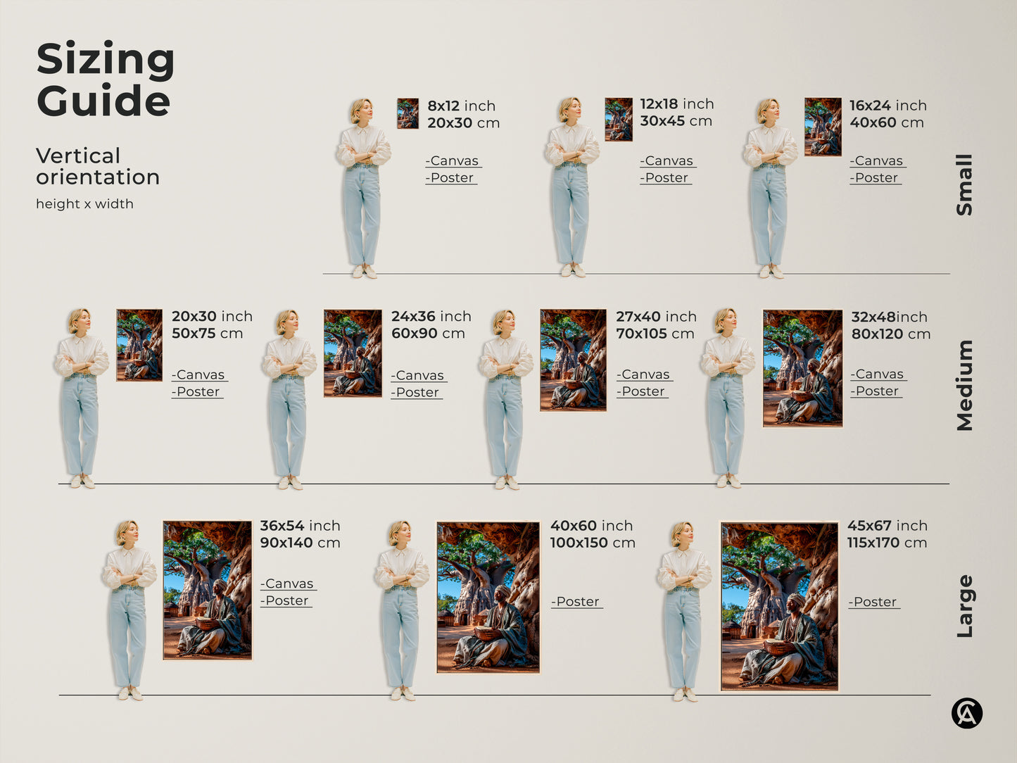 Sizing guide for vertical orientation art prints. Visualize canvas and poster options featuring an African man drumming under a baobab tree. Choose small medium or large sizes to fit your space. Perfect boho earth tone wall decor for any room.