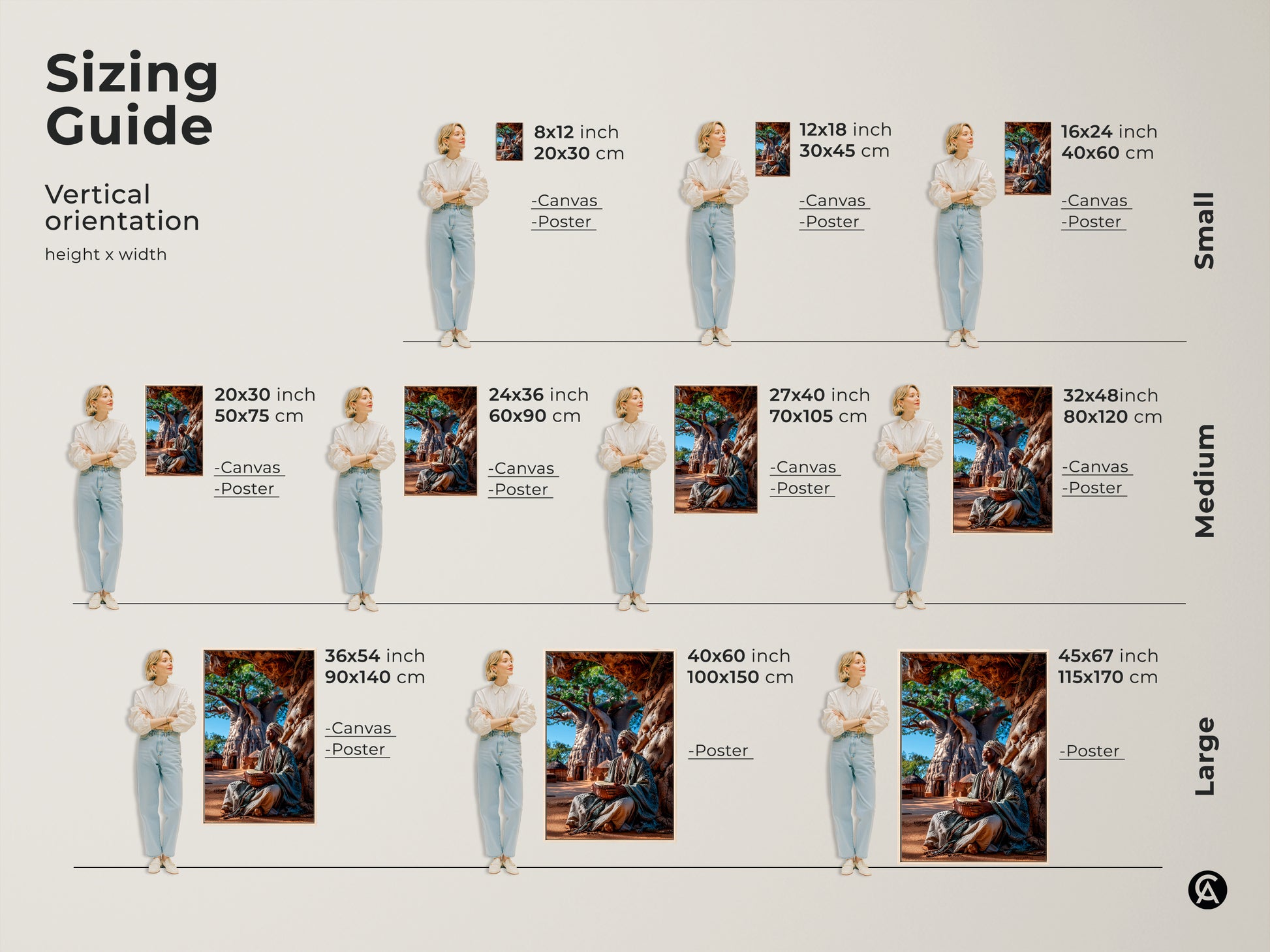 Sizing guide for vertical orientation art prints. Visualize canvas and poster options featuring an African man drumming under a baobab tree. Choose small medium or large sizes to fit your space. Perfect boho earth tone wall decor for any room.