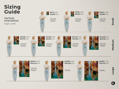 Sizing guide for Venice canal art prints. Available as canvas or poster. Choose from small medium and large sizes. Find the perfect fit for your space and enjoy this beautiful Italian artwork.