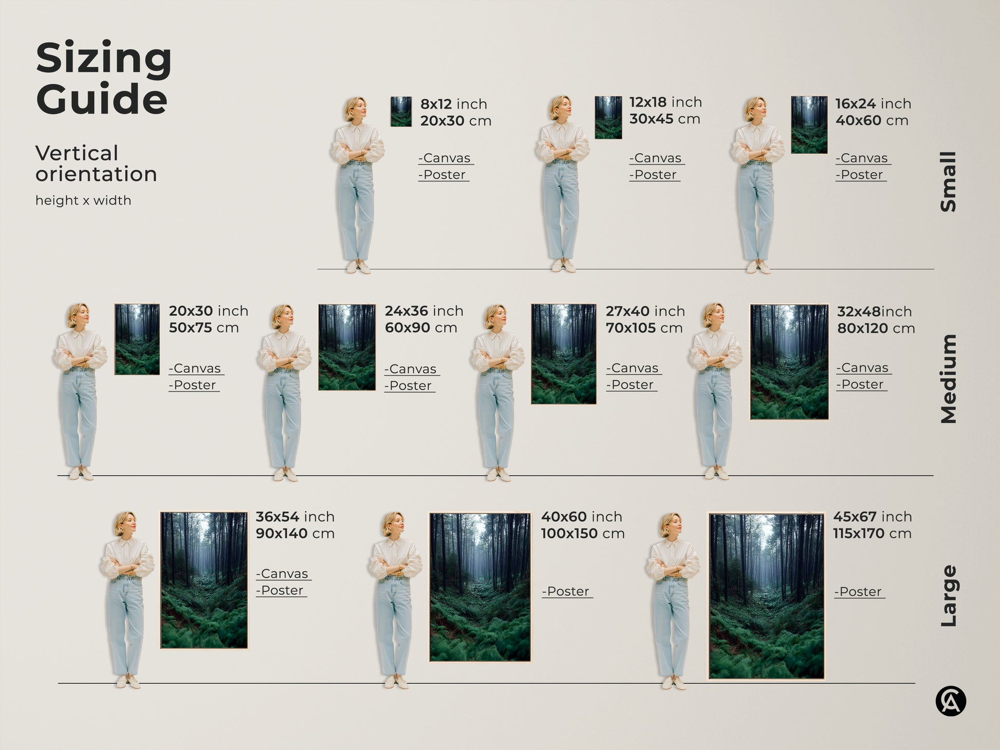 Sizing guide for vertical Misty Forest Fern artwork. Canvas and poster prints are available in sizes from small to large. Find the perfect fit for your space.
