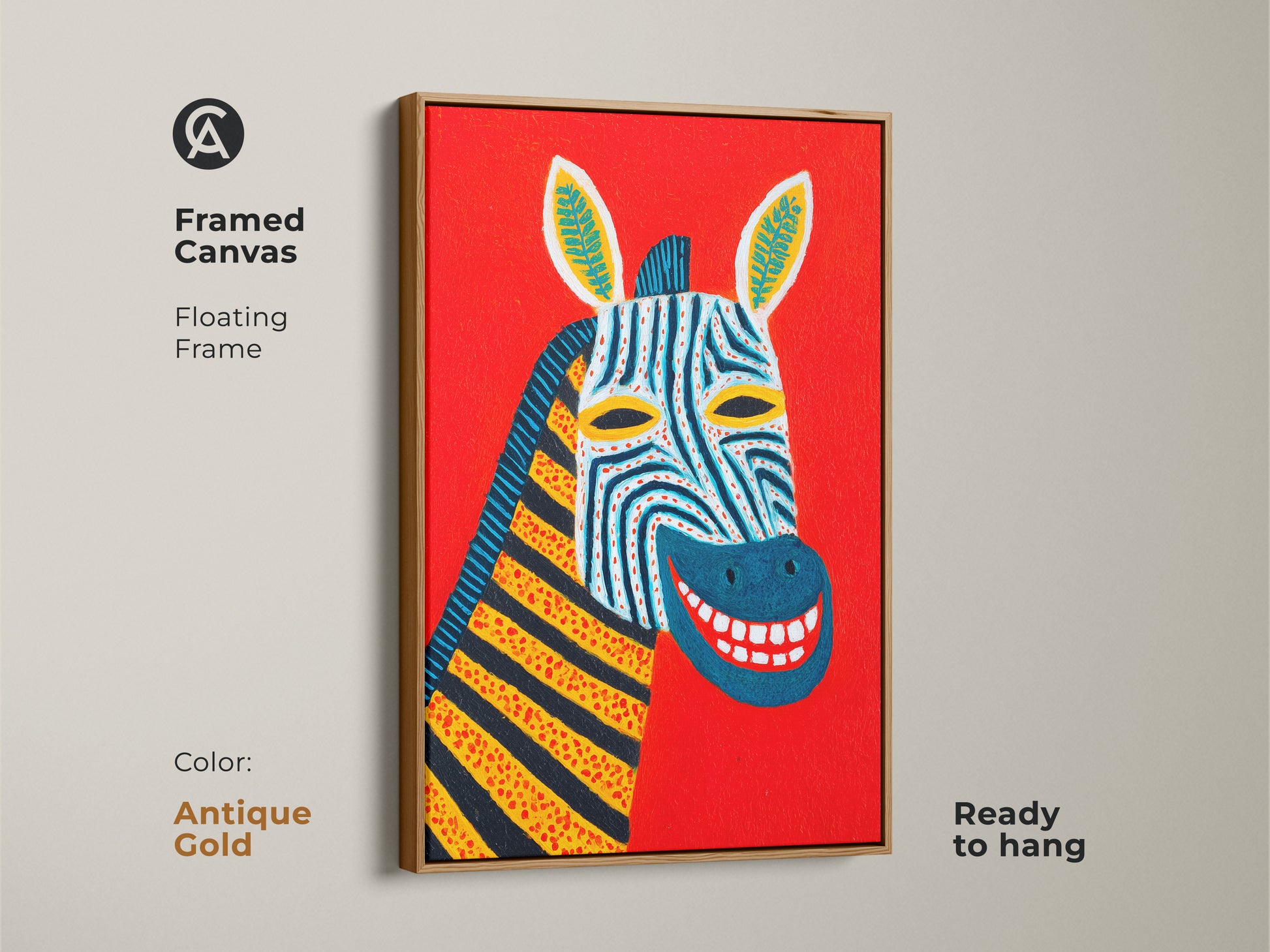 Framed canvas in antique gold displaying a modern folk art zebra portrait with a red background. This ready-to-hang animal artwork features vibrant blue yellow and black stripes. It brings an eclectic touch to living spaces.
