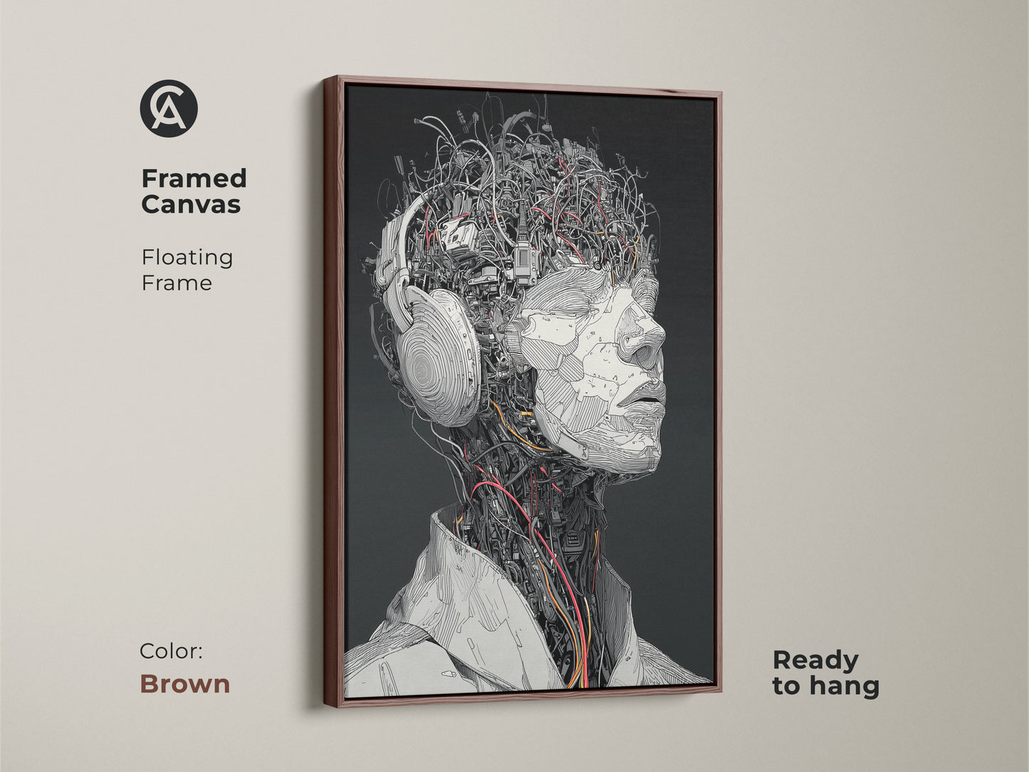Framed canvas artwork of a cyborg head with headphones. The floating frame has a brown finish. This art piece is ready to hang. The artwork has complex mechanical details. It is a perfect focal point for any room.