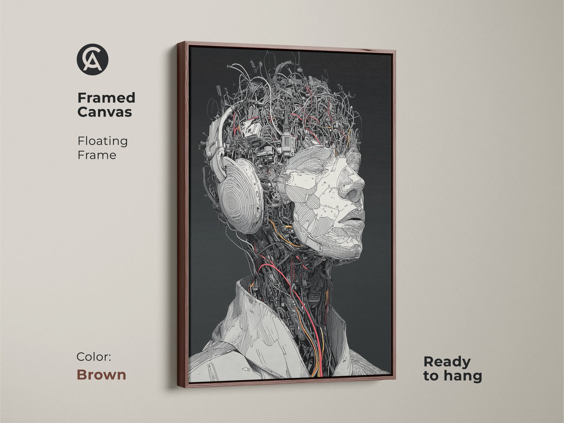 Framed canvas artwork of a cyborg head with headphones. The floating frame has a brown finish. This art piece is ready to hang. The artwork has complex mechanical details. It is a perfect focal point for any room.