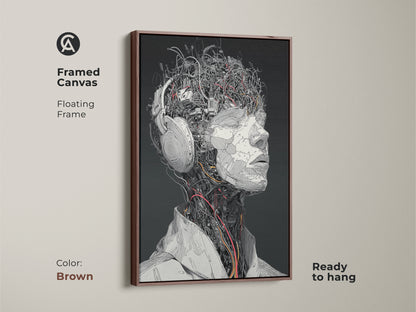 Framed canvas artwork of a cyborg head with headphones. The floating frame has a brown finish. This art piece is ready to hang. The artwork has complex mechanical details. It is a perfect focal point for any room.