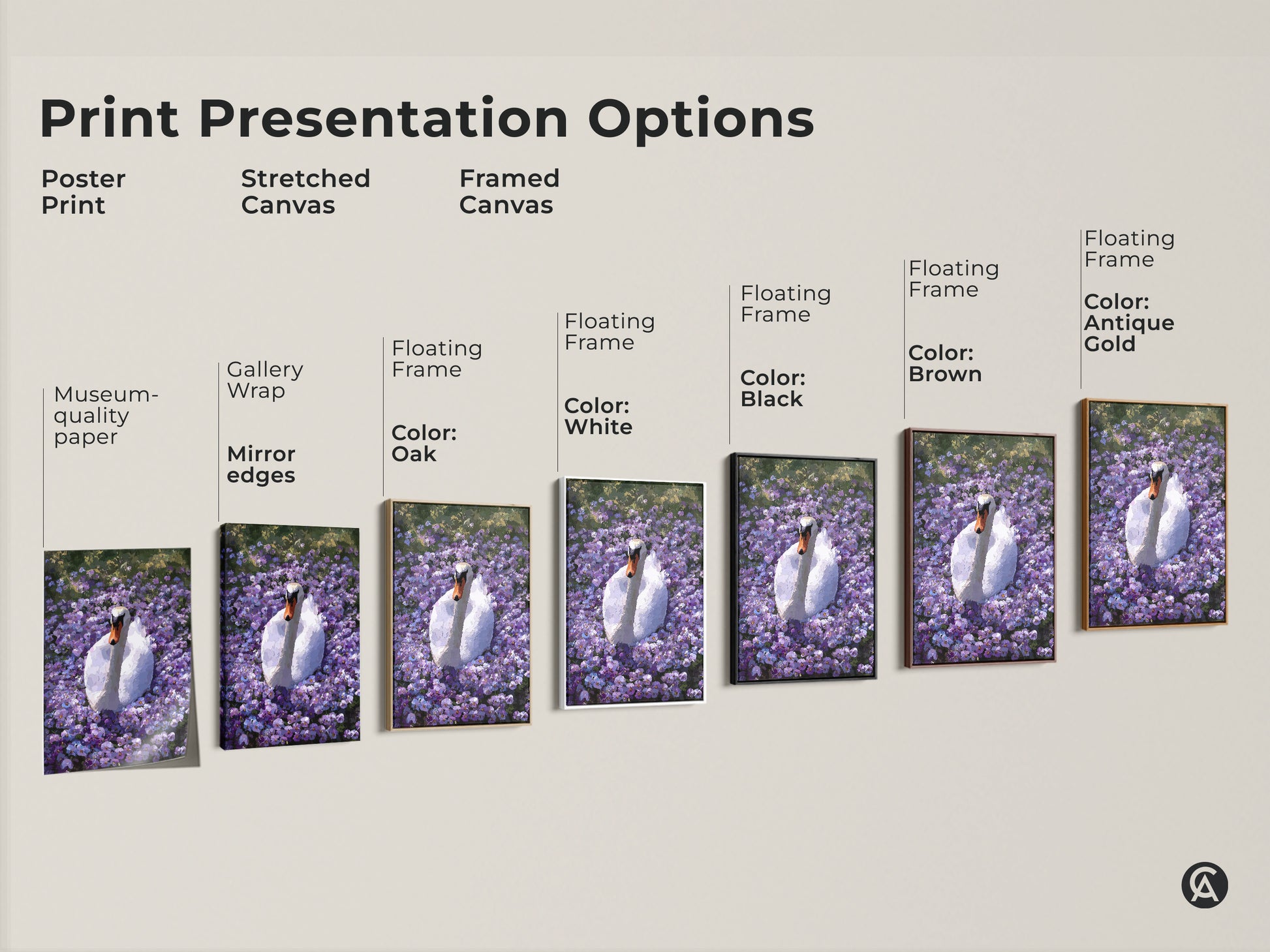 Print presentation options for the Botanical Swan artwork. Options include a poster print stretched canvas and framed canvas. Frame colors include black brown antique gold oak and white.