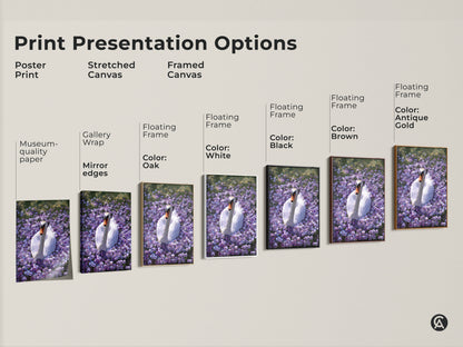 Print presentation options for the Botanical Swan artwork. Options include a poster print stretched canvas and framed canvas. Frame colors include black brown antique gold oak and white.