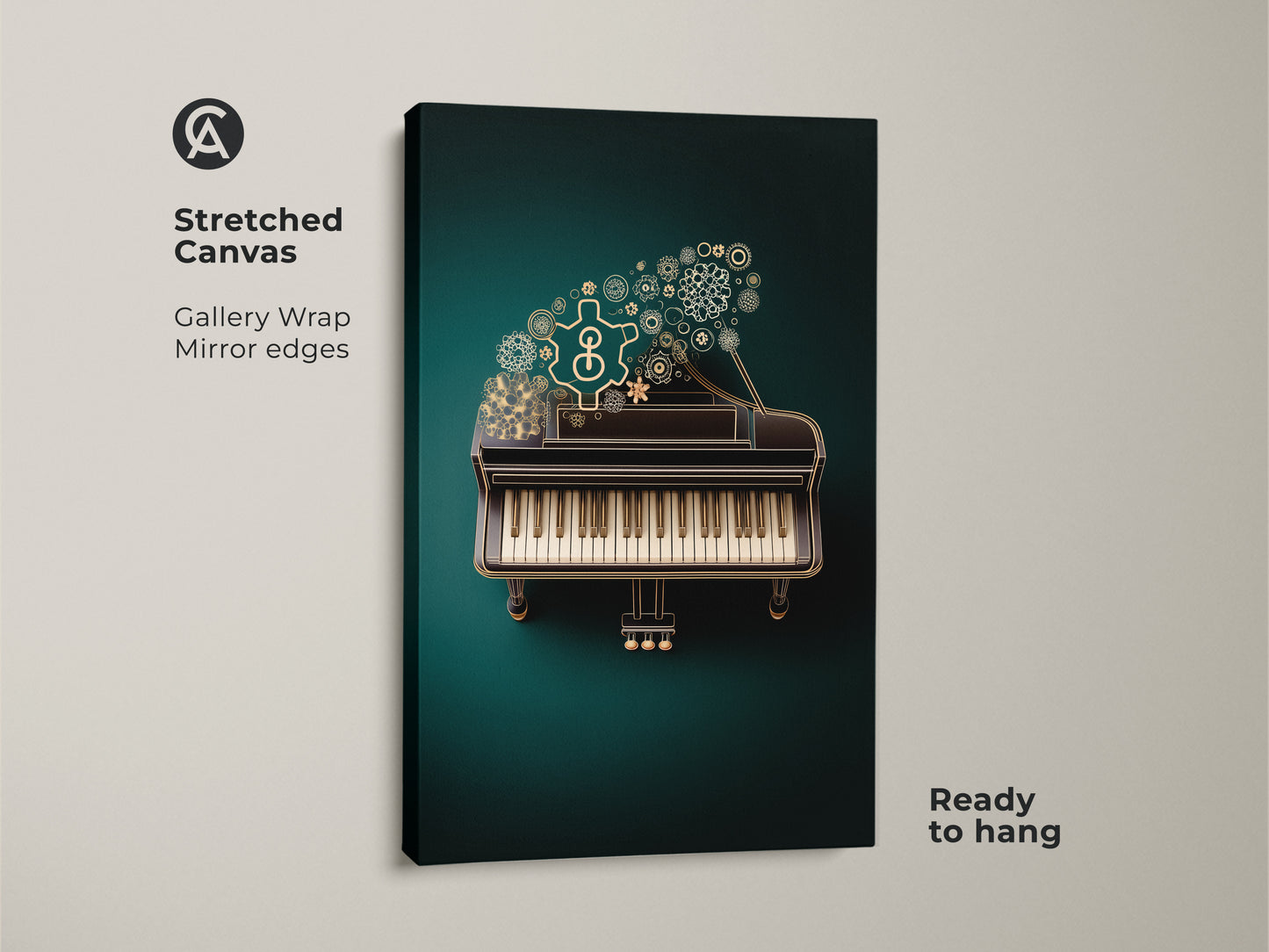 A stretched canvas print of the Steampunk Grand Piano artwork is showcased. The art features intricate gears and musical notes in emerald and gold tones. This mechanical music artwork is ready to hang adding a sophisticated touch. Its ideal for music enthusiasts or as unique office decor.