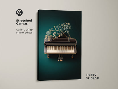 A stretched canvas print of the Steampunk Grand Piano artwork is showcased. The art features intricate gears and musical notes in emerald and gold tones. This mechanical music artwork is ready to hang adding a sophisticated touch. Its ideal for music enthusiasts or as unique office decor.