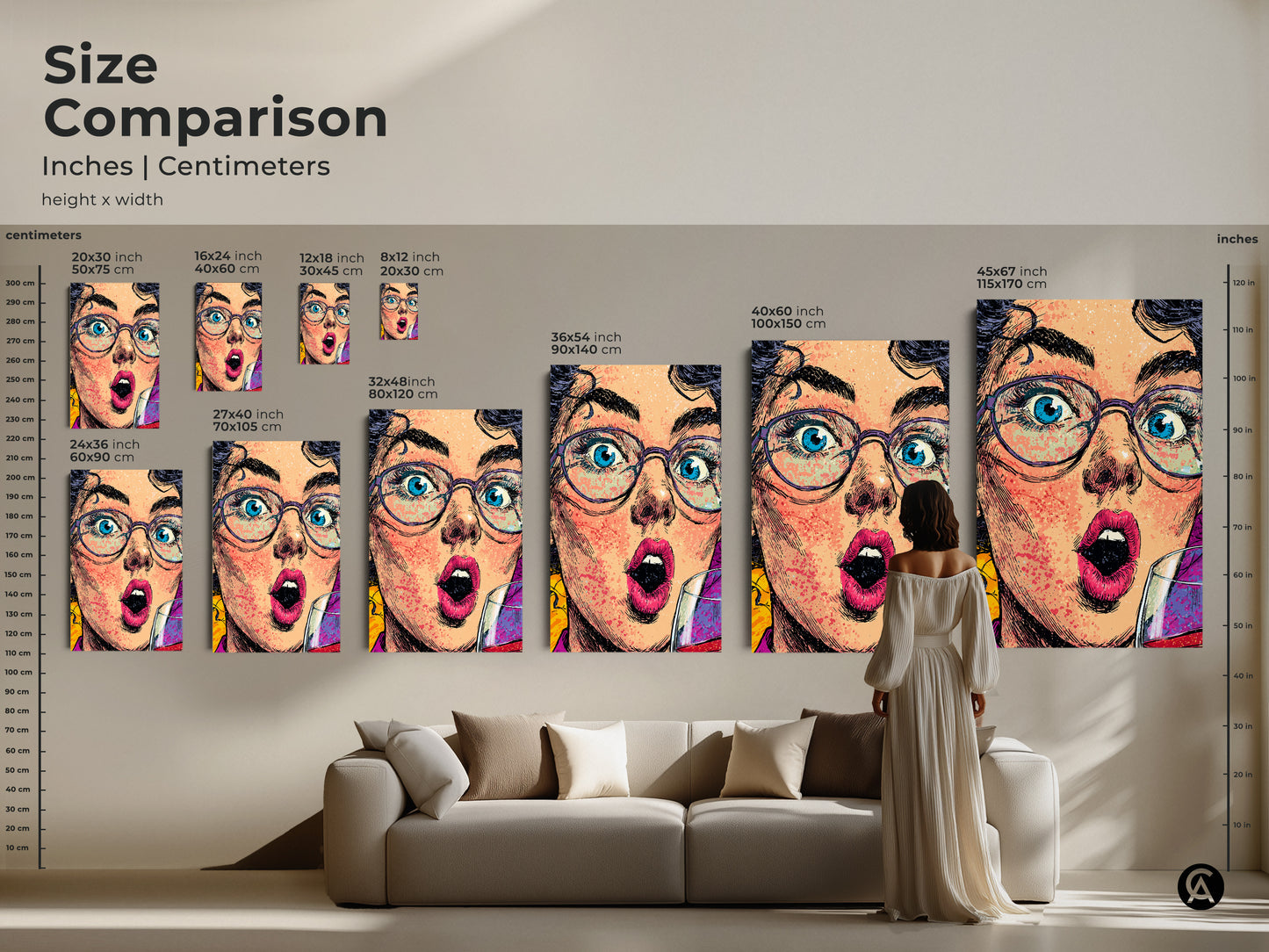 Size comparison of this pop artwork print in inches and centimeters. Visualize the artwork in different sizes above a sofa. Options range from small to extra-large. Find the ideal statement art print for your home bar or office wall. Great housewarming gift.