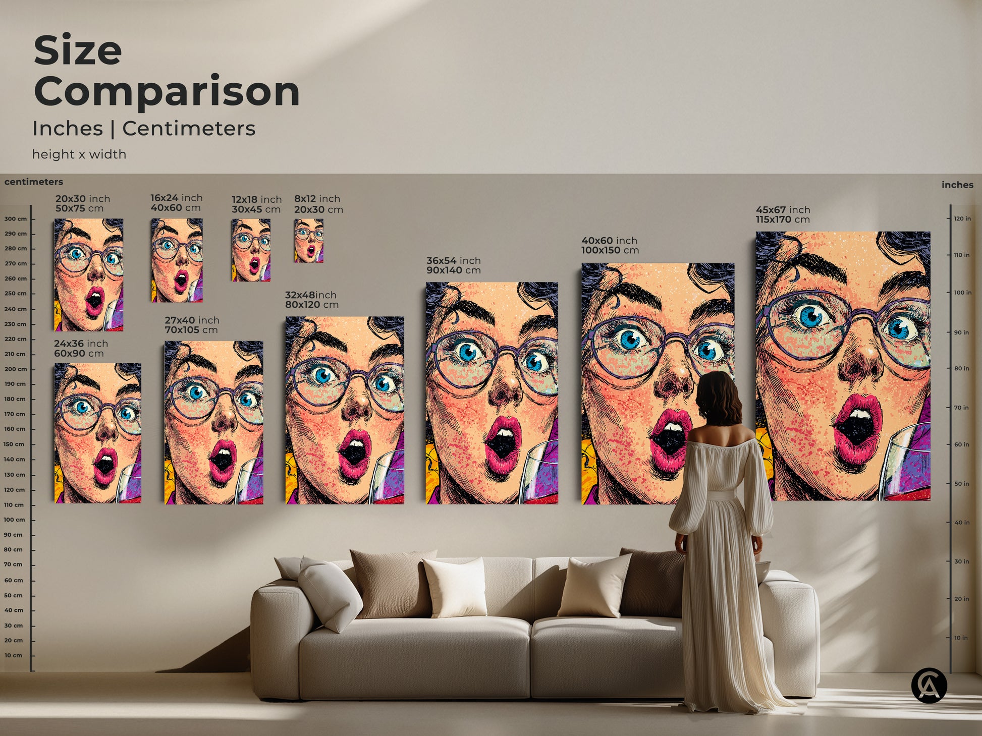 Size comparison of this pop artwork print in inches and centimeters. Visualize the artwork in different sizes above a sofa. Options range from small to extra-large. Find the ideal statement art print for your home bar or office wall. Great housewarming gift.