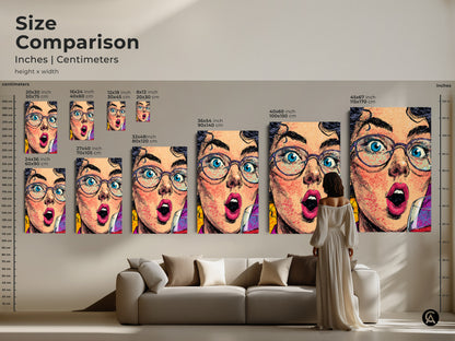 Size comparison of this pop artwork print in inches and centimeters. Visualize the artwork in different sizes above a sofa. Options range from small to extra-large. Find the ideal statement art print for your home bar or office wall. Great housewarming gift.