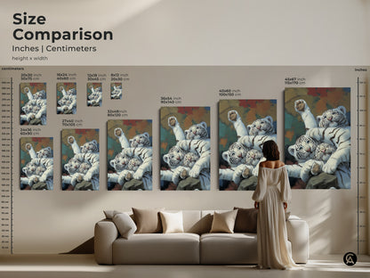 Size comparison of realistic white tiger cubs art in inches and centimeters. Various sizes available for this wildlife feline canvas print. See how the newborn tiger painting art fits in a living room setting. Find the perfect scale for your animal lover gift and eclectic home decor.