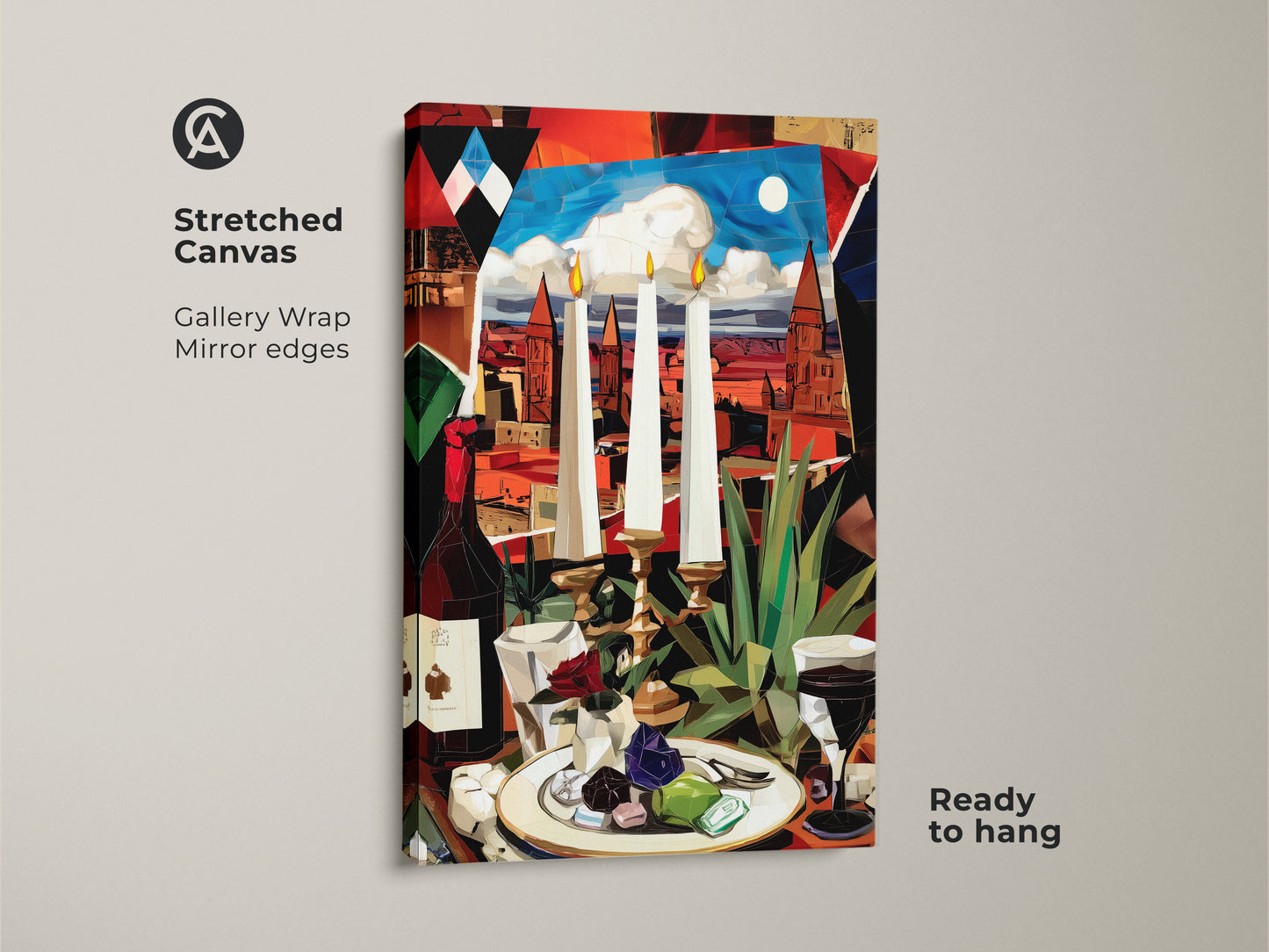 Elevate your space with our cubist still life wall art on stretched canvas. Ready to hang this gallery-wrapped print shows a surrealist wine bottle design and vibrant colors. Perfect for dining room decor.