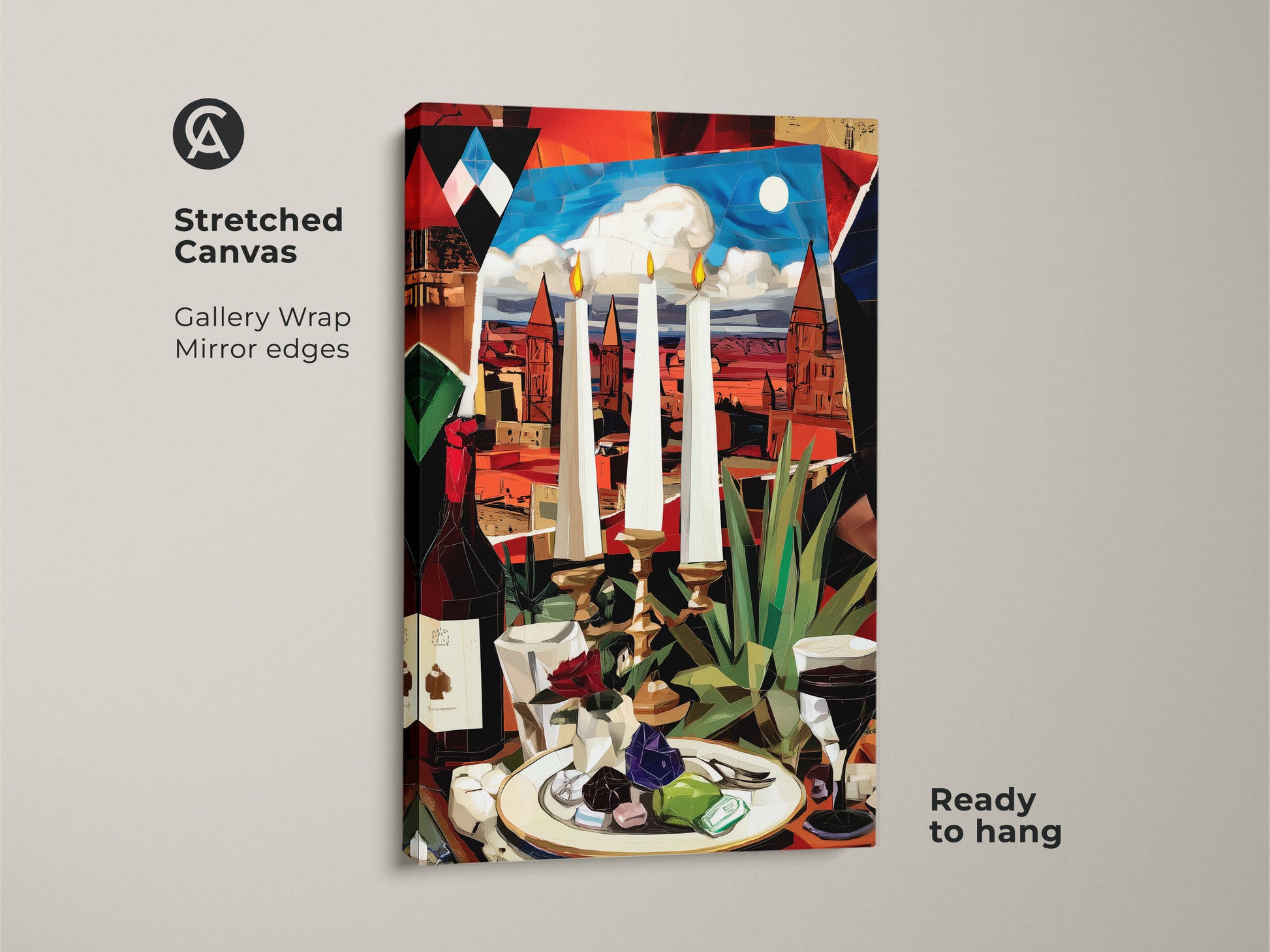 Elevate your space with our cubist still life wall art on stretched canvas. Ready to hang this gallery-wrapped print shows a surrealist wine bottle design and vibrant colors. Perfect for dining room decor.