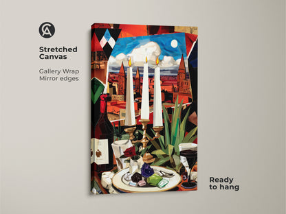 Elevate your space with our cubist still life wall art on stretched canvas. Ready to hang this gallery-wrapped print shows a surrealist wine bottle design and vibrant colors. Perfect for dining room decor.