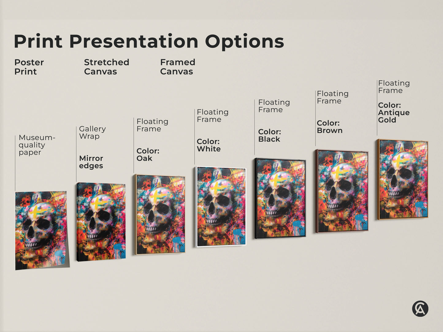 Explore print presentation options for skull artwork. Choose from poster prints stretched canvas or framed canvas. Select a floating frame in various colors. Find the perfect art for your space.