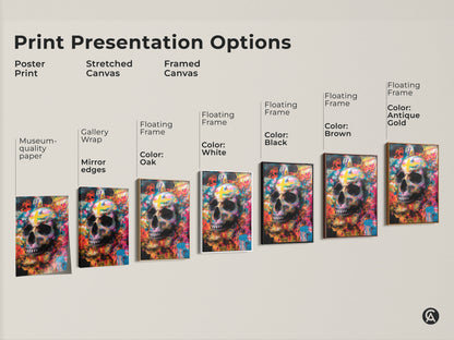 Explore print presentation options for skull artwork. Choose from poster prints stretched canvas or framed canvas. Select a floating frame in various colors. Find the perfect art for your space.