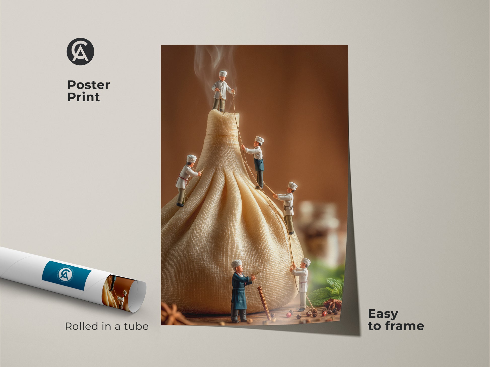 Poster Print of whimsical chefs working on a dumpling. Rolled in a tube for easy framing this museum-quality paper print is a delightful addition to your home decor. This art piece will add a touch of culinary fun to any room.