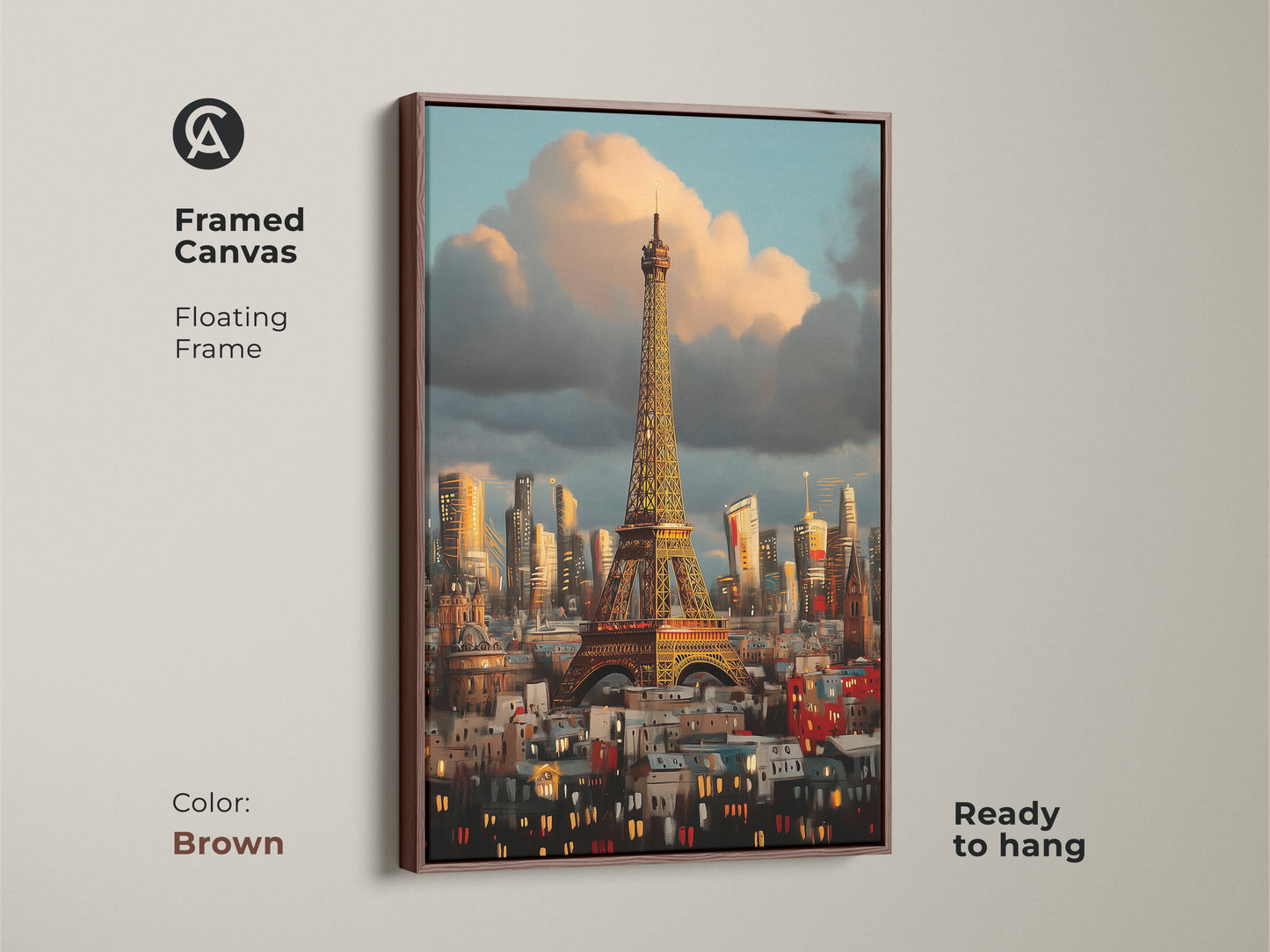 Framed canvas of the Eiffel Tower art with a floating brown frame. Ready to hang Impressionist cityscape art print. Showcases blue orange and golden yellow colors in a contemporary style.