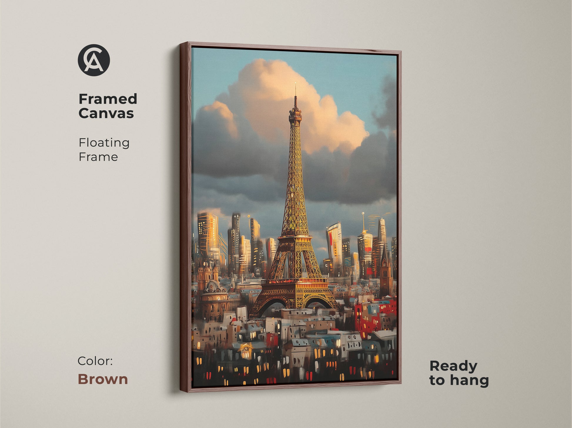 Framed canvas of the Eiffel Tower art with a floating brown frame. Ready to hang Impressionist cityscape art print. Showcases blue orange and golden yellow colors in a contemporary style.